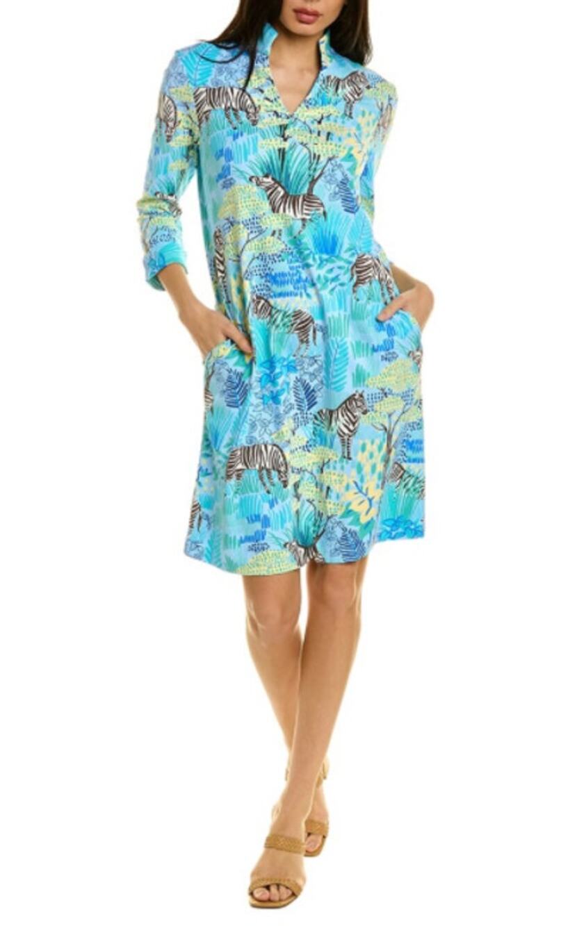 J. McLaughlin Gardenia Dress Catalina Cloth Jungle Zebra Floral Print Blue XS